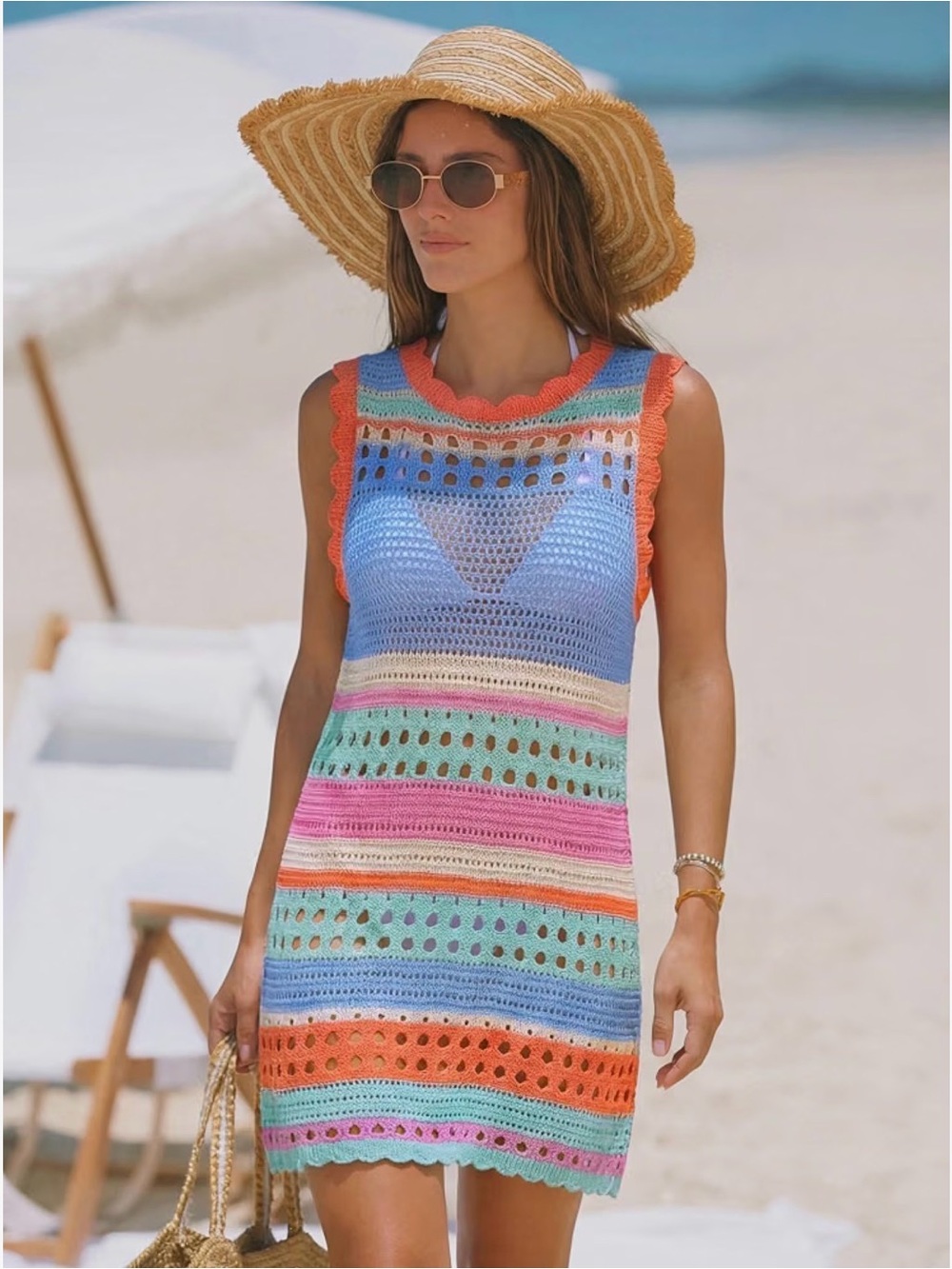 Striped Multicolor Crochet Swim Coverup Dress